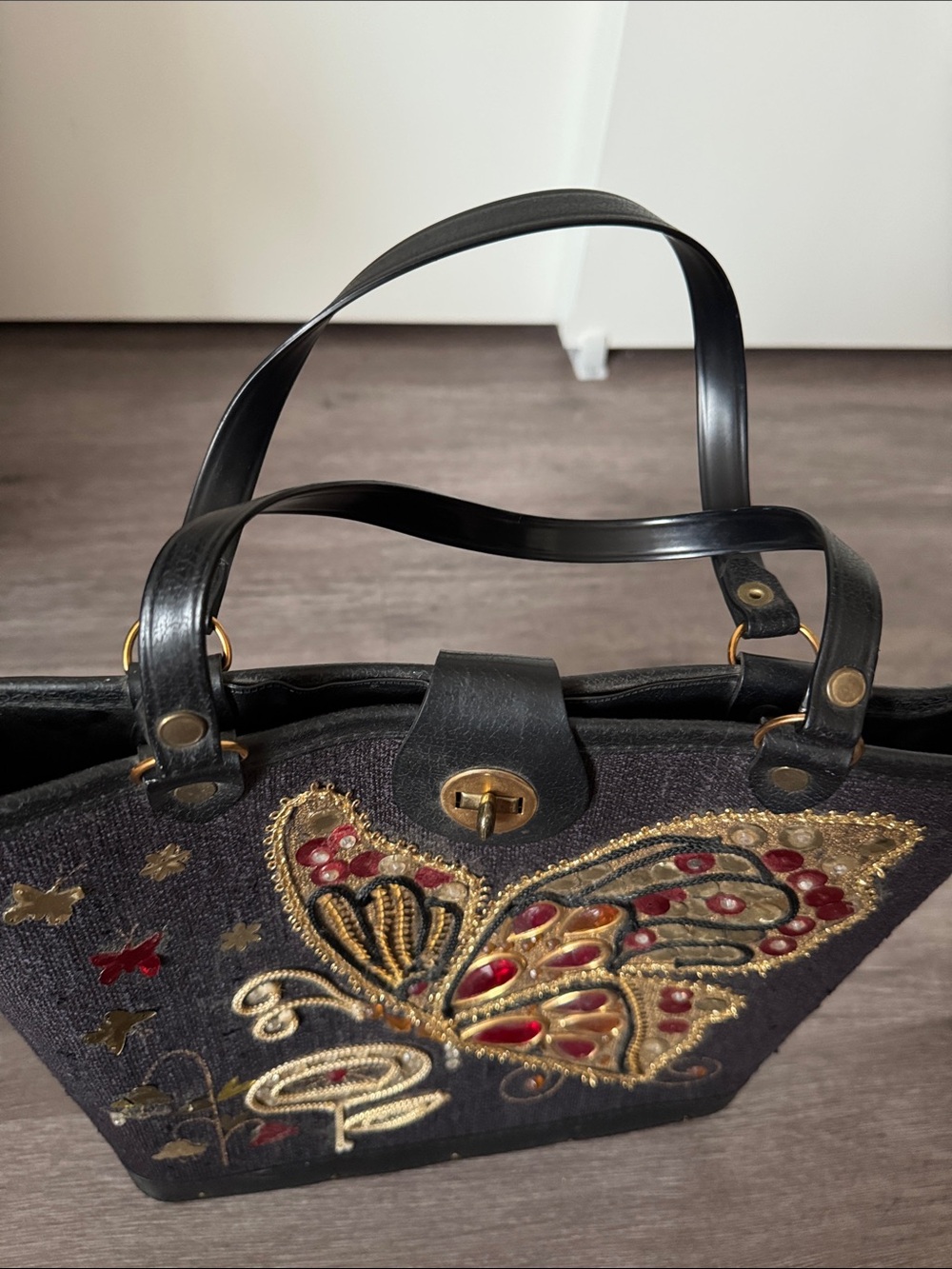 Vintage Black Butterfly Embellished Tote Bag - Picture 4 of 9